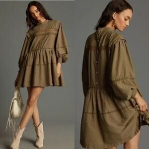 Pilcro Elegant Army Green Long-Sleeve Mock-Neck Swing Mini Dress (Sz S)